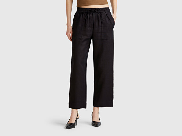 Benetton Kadın Siyah %100 Keten Büzgü İpli Cepli Sigaret Pantolon