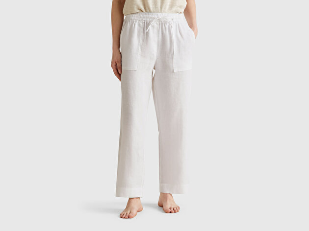 Benetton Kadın Beyaz %100 Keten Büzgü İpli Cepli Sigaret Pantolon