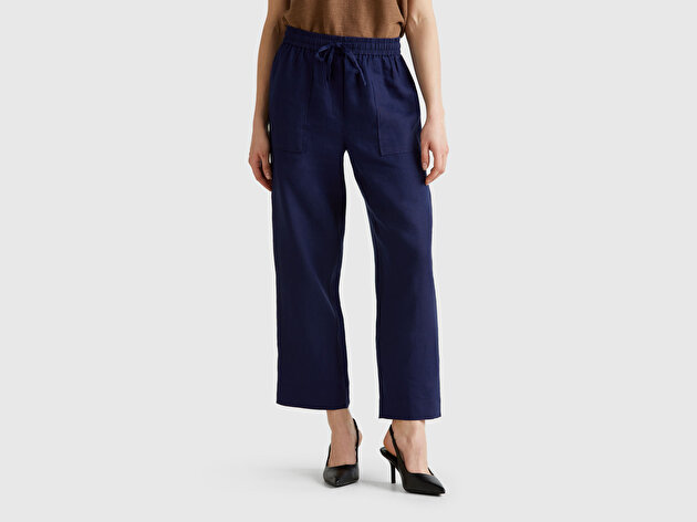 Benetton Kadın Lacivert %100 Keten Büzgü İpli Cepli Sigaret Pantolon