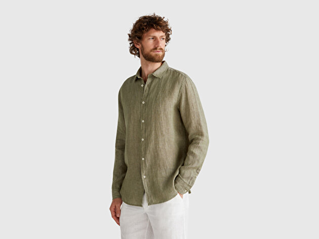 Benetton Erkek Haki %100 Keten Gömlek