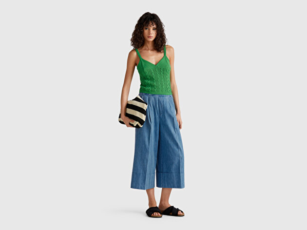 Benetton Kadın Açık Mavi Pamuk Karışımlı Ön Cepli Kıvrık Paça Kısa Pantolon