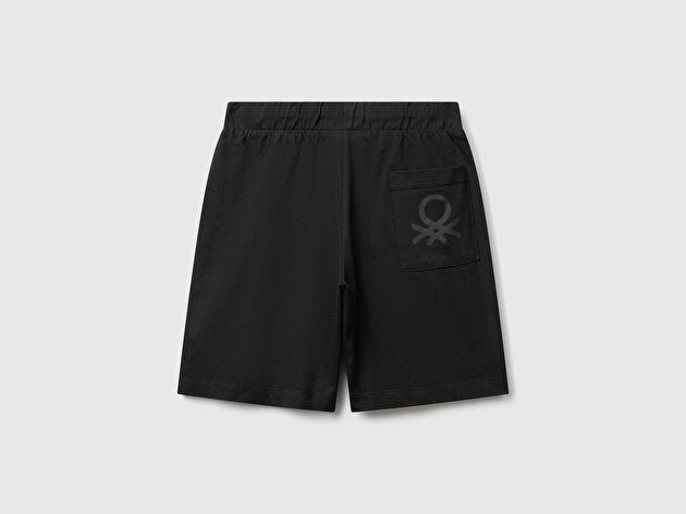 Benetton Erkek Çocuk Siyah Arka Cebi Logo Baskılı Beli İpli Şort