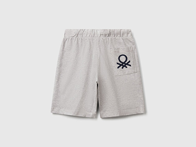 Benetton Erkek Çocuk Gri Melanj Arka Cebi Logo Baskılı Beli İpli Şort