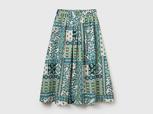 Benetton Kadın Açık Yeşil %100 Pamuk Desenli Beli Lastikli Cepli Poplin Etek