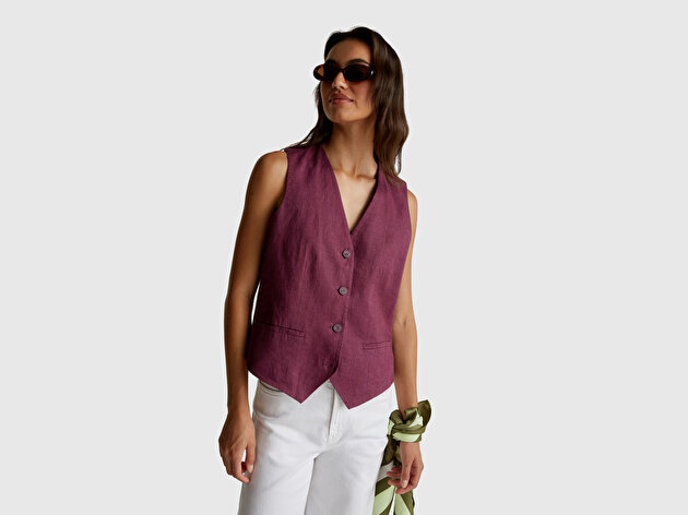 Benetton Kadın Mürdüm %100 Keten Önü Düğme İliklemeli V Yaka Yelek