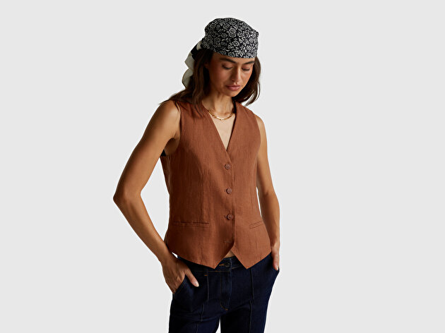 Benetton Kadın Kahverengi %100 Keten Önü Düğme İliklemeli V Yaka Yelek