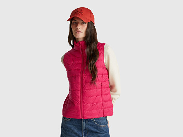 Benetton Kadın Fuşya Polyester Dolgulu Fermuarlı Slim Fit Pufa Yelek