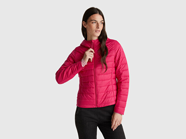 Benetton Kadın Fuşya Polyester Dolgulu Feramuarlı Kapüşonlu Slim Fit Puffer Mont