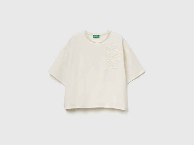 Benetton Kadın Krem Koton Karışımlı Çiçek Aplikeli T-Shirt