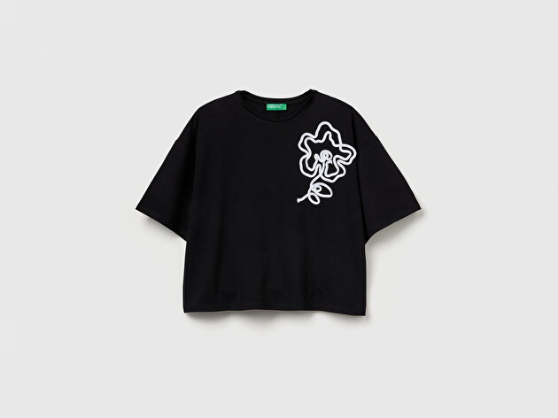 Benetton Kadın Siyah Koton Karışımlı Çiçek Aplikeli T-Shirt