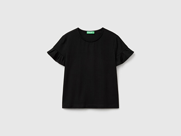 Benetton Kadın Siyah Koton Karışımlı Kolları Fırfır Detaylı T-Shirt