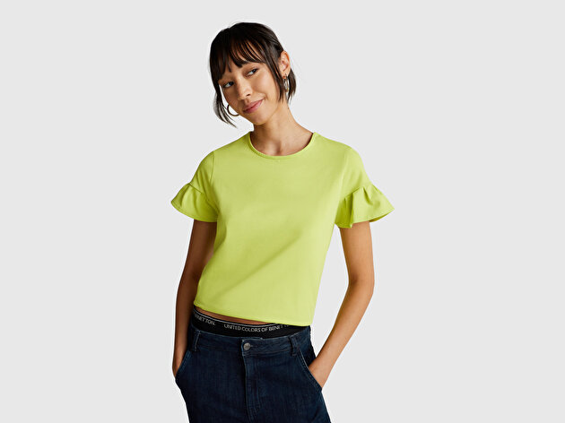 Benetton Kadın Açık Yeşil Koton Karışımlı Kolları Fırfır Detaylı T-Shirt