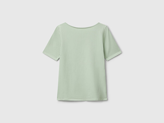 Benetton Kadın Mint Yeşili Pamuk Karışımlı Örme Slim Fit Geniş Yaka T-Shirt