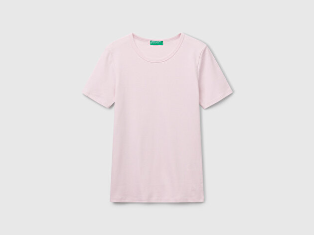 Benetton Kadın Açık Pembe %100 Koton Basic Kısa Kollu Bisiklet Yaka T-Shirt