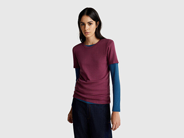 Benetton Kadın Mürdüm %100 Koton Basic Kısa Kollu Bisiklet Yaka T-Shirt