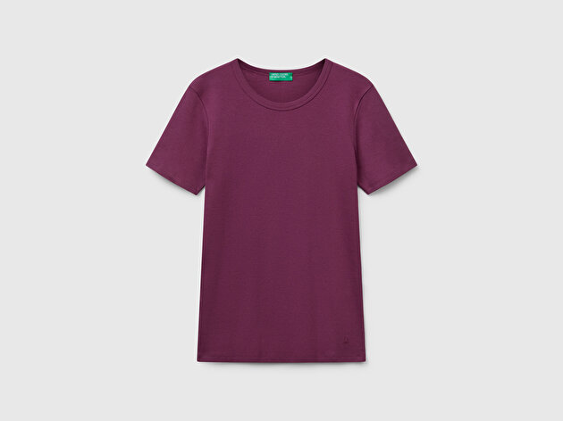 Benetton Kadın Mürdüm %100 Koton Basic Kısa Kollu Bisiklet Yaka T-Shirt