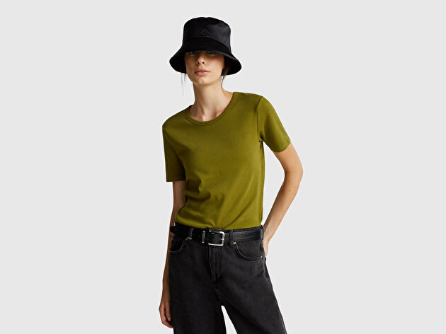 Benetton Kadın Haki Yeşili %100 Koton Basic Kısa Kollu Bisiklet Yaka T-Shirt