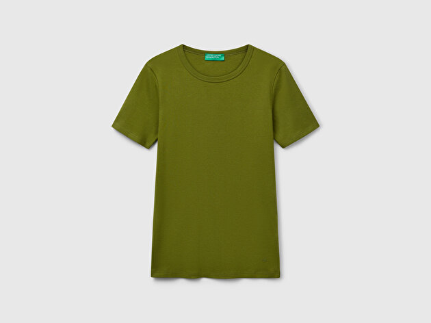 Benetton Kadın Haki Yeşili %100 Koton Basic Kısa Kollu Bisiklet Yaka T-Shirt