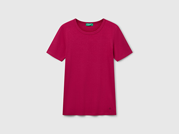 Benetton Kadın Fuşya %100 Koton Basic Kısa Kollu Bisiklet Yaka T-Shirt