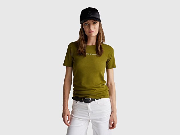Benetton Kadın Haki Yeşili %100 Koton Benetton Yazılı Basic T-Shirt