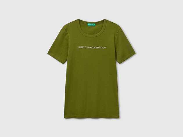 Benetton Kadın Haki Yeşili %100 Koton Benetton Yazılı Basic T-Shirt