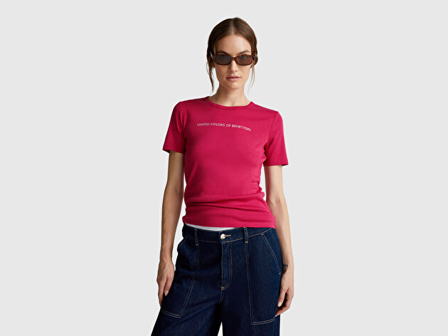 Benetton Kadın Fuşya %100 Koton Benetton Yazılı Basic T-Shirt