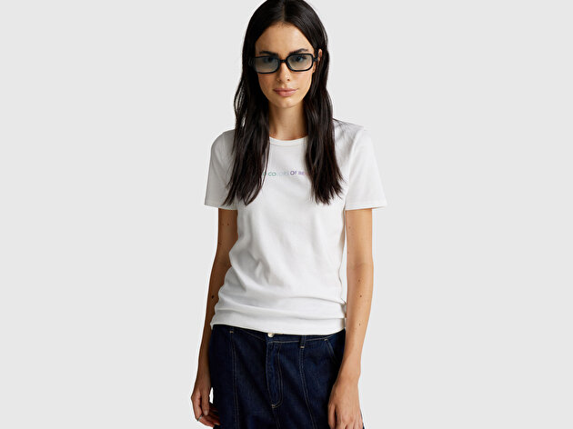Benetton Kadın Beyaz-Renkli Yazılı %100 Koton Benetton Yazılı Basic T-Shirt
