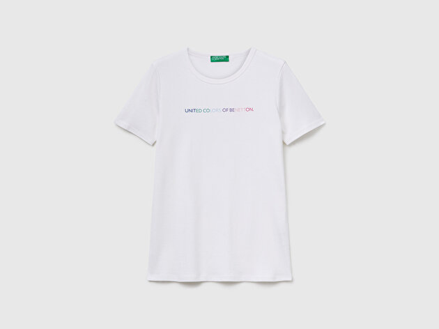 Benetton Kadın Beyaz-Renkli Yazılı %100 Koton Benetton Yazılı Basic T-Shirt