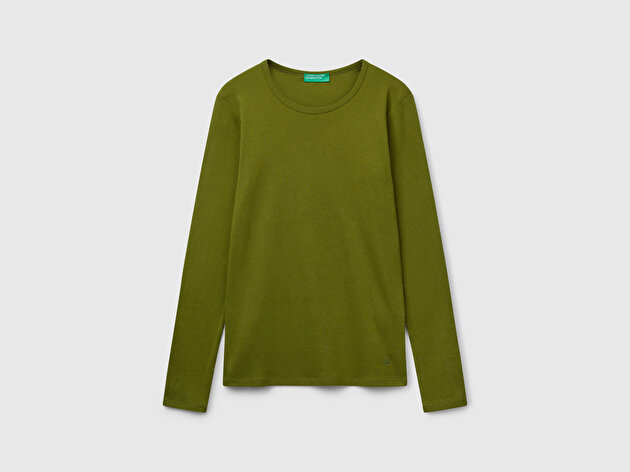 Benetton Kadın Haki Yeşili Basic Bisiklet Yaka Uzun Kollu T-Shirt
