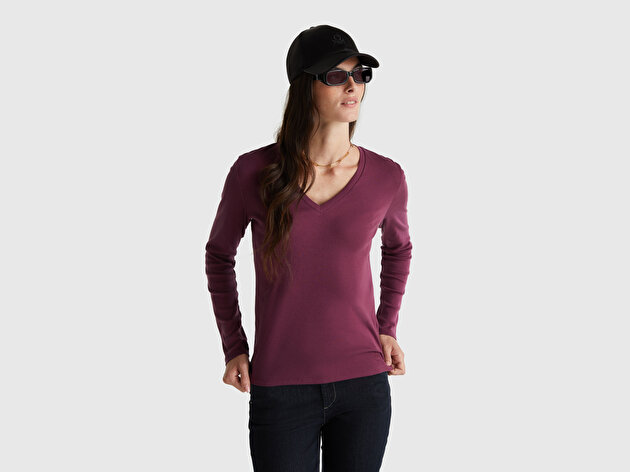 Benetton Kadın Mürdüm Basic V Yaka Uzun Kollu T-Shirt
