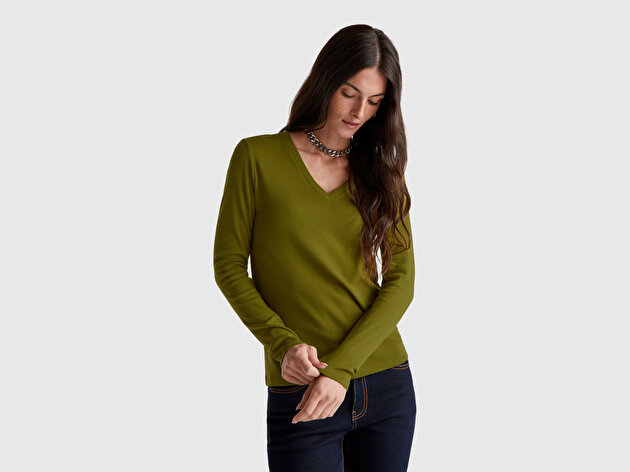 Benetton Kadın Haki Yeşili Basic V Yaka Uzun Kollu T-Shirt