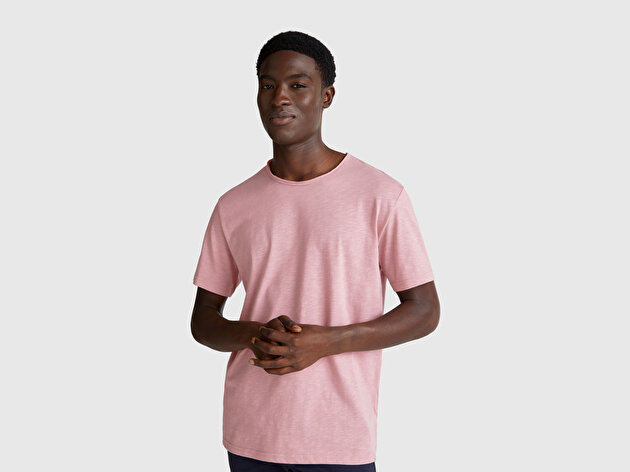 Benetton Erkek Pembe Bisiklet Yaka Slub T-shirt