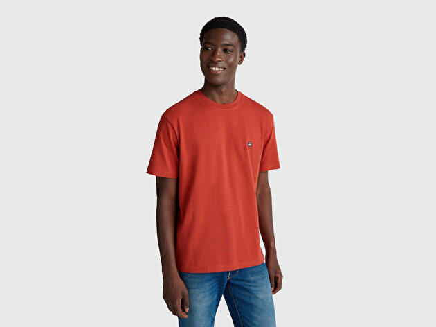 Benetton Erkek Kırmızı %100 Koton Benetton Logolu Bisiklet Yaka T-Shirt