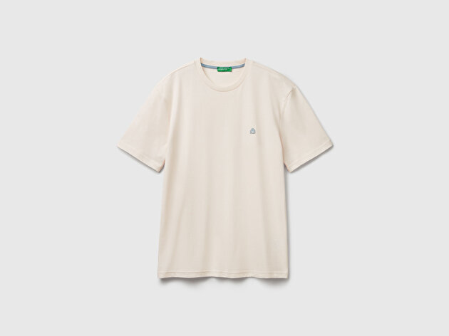 Benetton Erkek Krem %100 Koton Benetton Logolu Bisiklet Yaka T-Shirt