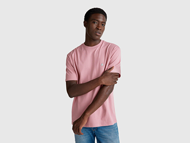 Benetton Erkek Koyu Pembe %100 Koton Benetton Logolu Bisiklet Yaka T-Shirt