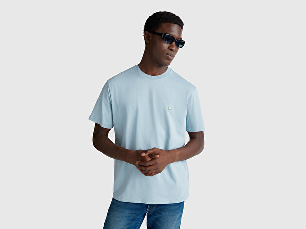 Benetton Erkek Açık Mavi %100 Koton Benetton Logolu Bisiklet Yaka T-Shirt