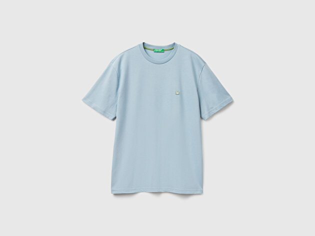 Benetton Erkek Açık Mavi %100 Koton Benetton Logolu Bisiklet Yaka T-Shirt