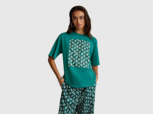 Benetton Kadın Koyu Yeşil Koton Karışımlı Baskılı T-Shirt