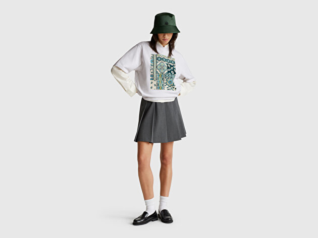 Benetton Kadın Beyaz Koton Karışımlı Baskılı T-Shirt