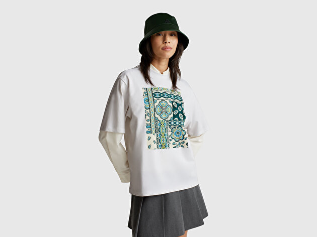 Benetton Kadın Beyaz Koton Karışımlı Baskılı T-Shirt