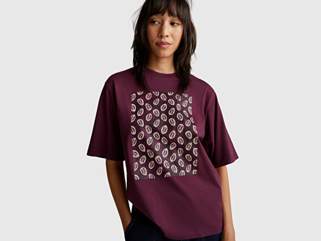 Benetton Kadın Mürdüm Koton Karışımlı Baskılı T-Shirt