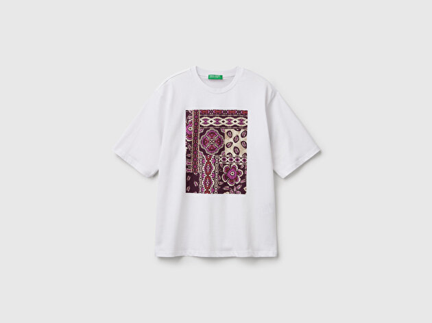 Benetton Kadın Mürdüm Mix Koton Karışımlı Baskılı T-Shirt