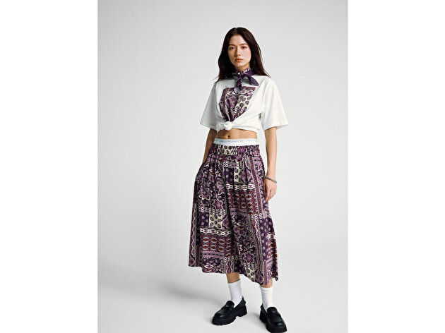 Benetton Kadın Bordo %100 Pamuk Desenli Beli Lastikli Cepli Poplin Etek