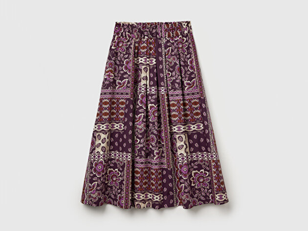 Benetton Kadın Bordo %100 Pamuk Desenli Beli Lastikli Cepli Poplin Etek