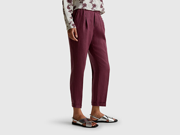 Benetton Kadın Mürdüm %100 Keten Elastik Bel Detaylı Kıvrık Paça Pantolon