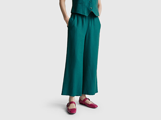 Benetton Kadın Koyu Yeşil %100 Keten Beli Lastikli Bol Kısa Paça Pantolon