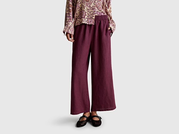 Benetton Kadın Mürdüm %100 Keten Beli Lastikli Bol Kısa Paça Pantolon