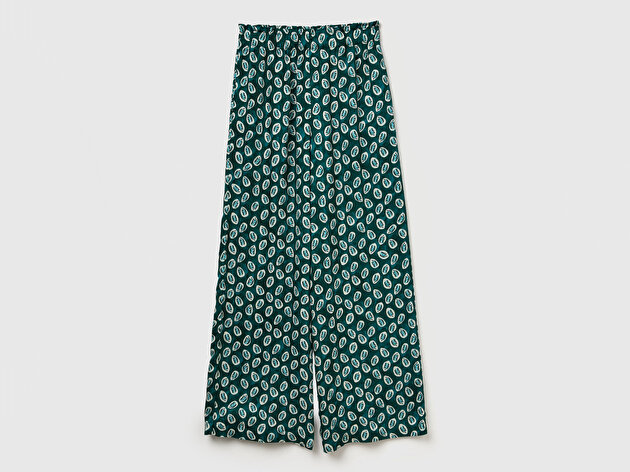 Benetton Kadın Yeşil %100 Viskon Rahat Kesim Beli Lastikli Cepli Pantolon