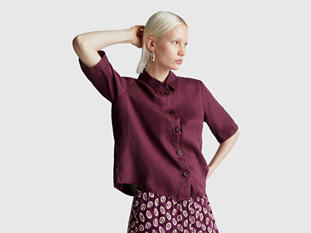 Benetton Kadın Mürdüm %100 Keten Yarım Kollu Düz Gömlek