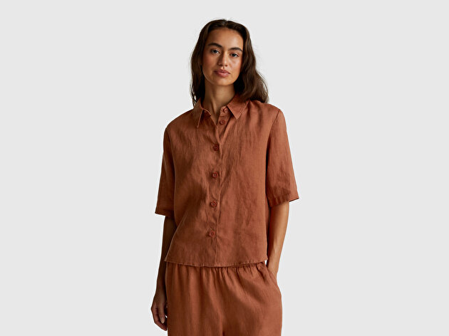 Benetton Kadın Kahverengi %100 Keten Yarım Kollu Düz Gömlek